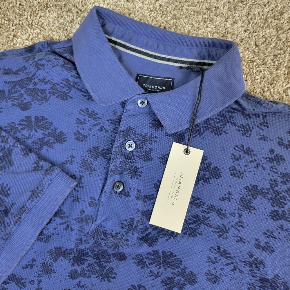 NWT 7 Diamonds Mens Large Blue AOP Floral Stretch Knit Polo Short Sleeve